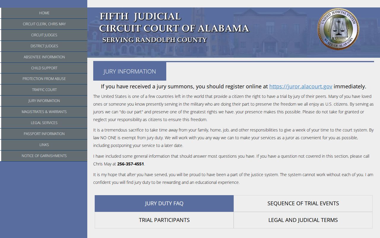 Randolph County Circuit Clerk jury service records and instructions